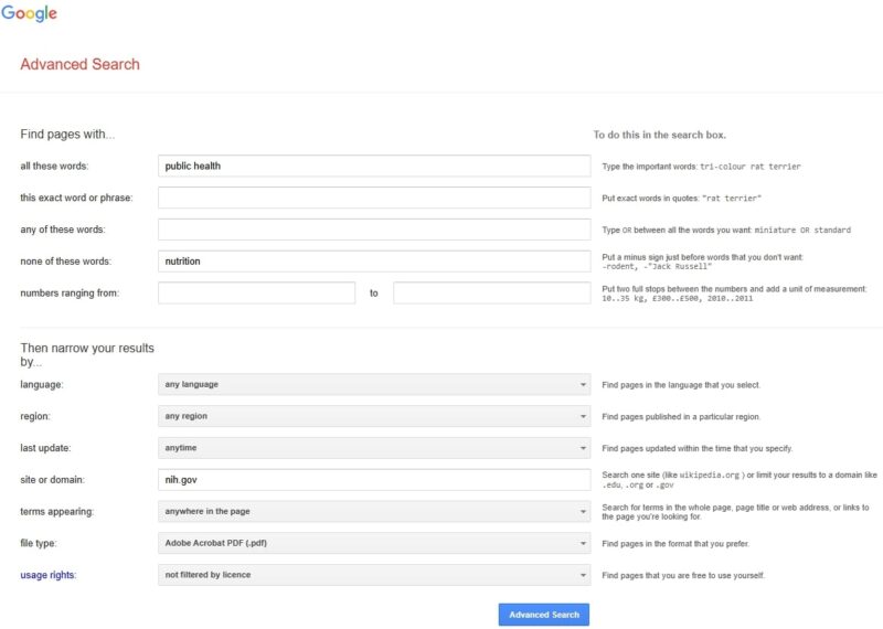 Fields on Google’s Advanced Search Options