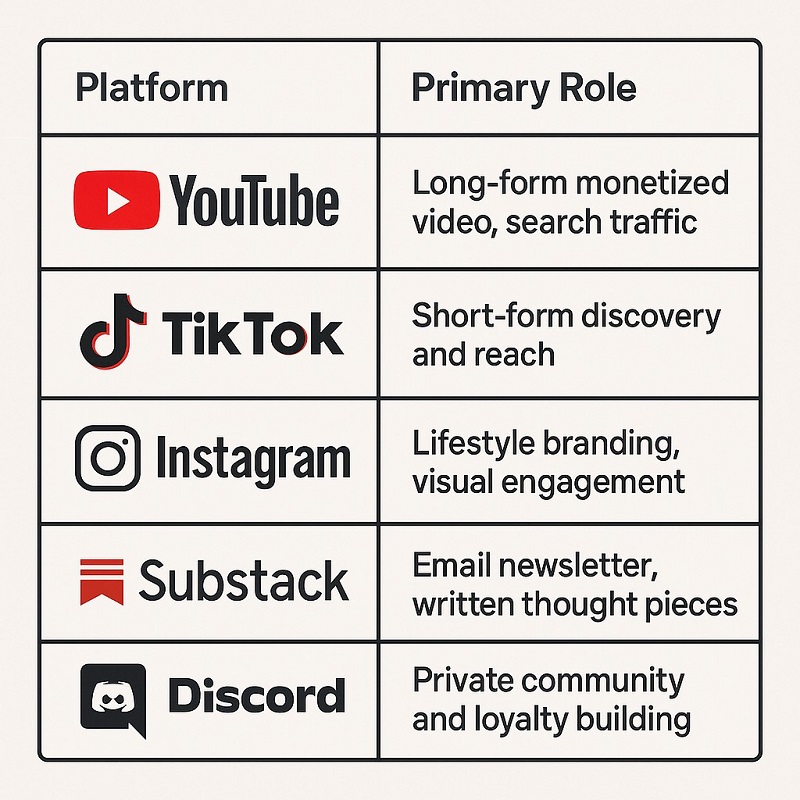 A table showing five platforms—YouTube, TikTok, Instagram, Substack, and Discord—alongside their logos and primary roles in the creator ecosystem