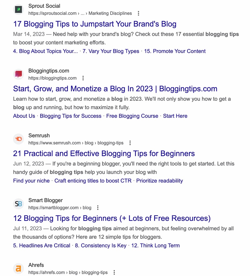 Search engine results page showing blog articles with titles related to blogging tips and content strategy
