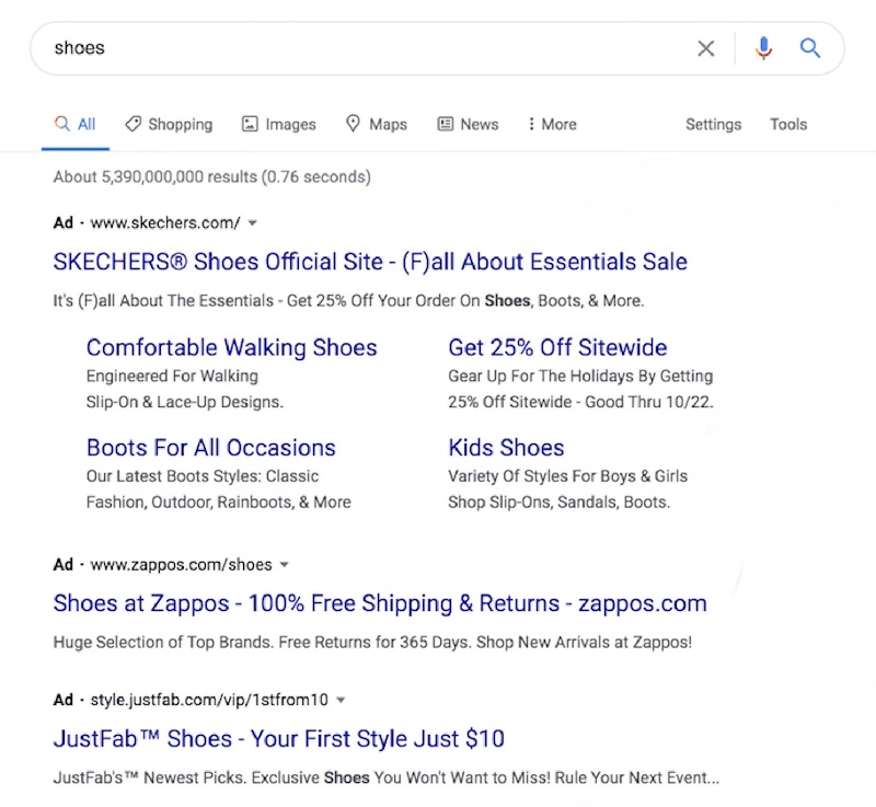 Example of Google search ads for shoes, showing various paid listings with product offers and links