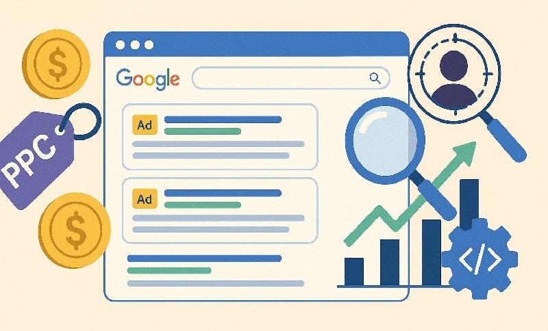 Graphic of a Google search page with paid ads, charts, and PPC tags representing strategies used in SEO and Google Ads campaigns