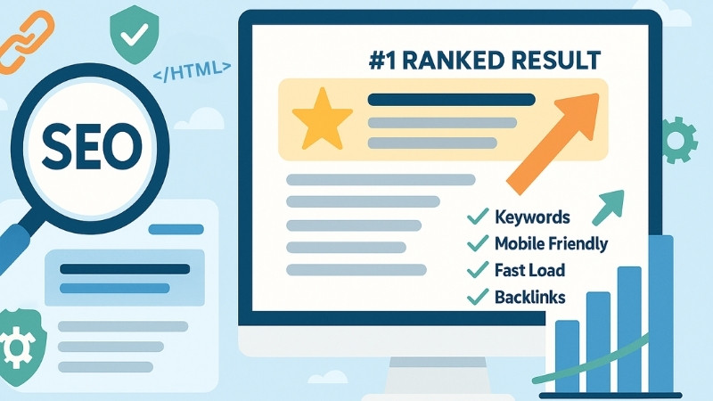 Illustration showing a web page ranked #1 with checkmarks next to keywords, mobile-friendly, fast load, and backlinks, highlighting key factors in SEO and Google Ads performance