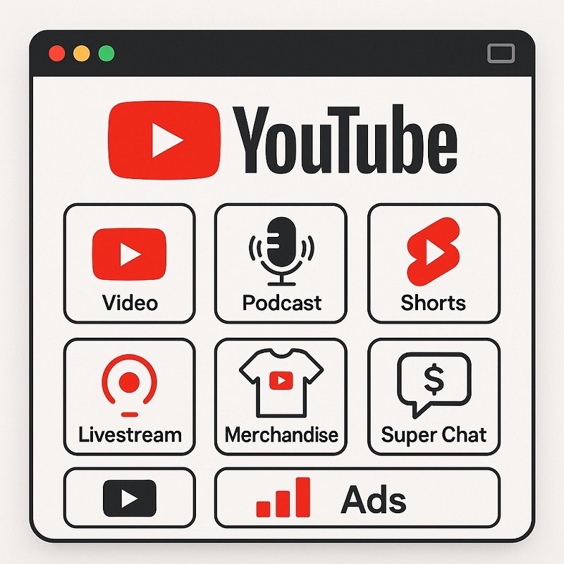 Illustration showing various YouTube content and monetization for digital creators options including video, podcast, shorts, livestream, merchandise, super chat, and ads